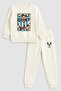 Football Player Lionel Messi Printed Crew Neck Ecru Children's Tracksuit Bottom Top Set