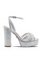 Stone Detailed Platform Heeled Ankle Strap Shoes Z556 Silver Satin White + Crystal