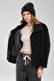 Women's Plush Fabric Collar Knitwear Front Closure Leather Buckle Detailed Design Coat - 7