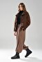 Women's Plush Fabric Collar Knitwear Front Closure Leather Buckle Detailed Design Coat - 6