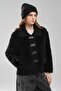 Women's Plush Fabric Collar Knitwear Front Closure Leather Buckle Detailed Design Coat
