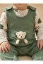 100% Cotton Peanut Green Salopet Jumpsuit Set with Teddy Bear Toy - Bodysuit with Snap Fasteners