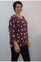 Burgundy Polka Dot V-Neck Batwing Three-Quarter Sleeve Combed Viscose T-Shirt - 8