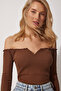Drawstring Neck Crop Knitted Blouse Lah0002 Light Brown - 2