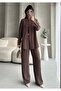 Women's Brown Metal Button Detailed Flowy Silky Modal Bottom Top Set