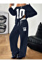 Women's Navy Blue 10 Printed Boat Neck Sweatshirt White Waist Detailed Sweatpants Two-Piece Bottom-Top Set - 3