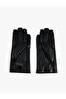 Faux Leather Gloves with Snap Buttons and Herringbone Pattern Fabric Detail - 2