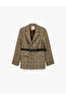 Long Sleeve Plaid Blazer Jacket with Pockets and Belt - 3