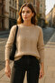 Women's Beige Knitted Patterned Long Sleeve Soft Textured Crew Neck Knitwear Sweater - 3
