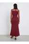 Women Burgundy Mesh Long Sleeve Maxi Dress - 5