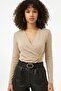 Women's Stone Color Buckled Ruched Detail Long Sleeve Interlock Fabric Blouse