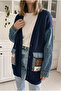 Women's Navy Blue Denim Pocket Cardigan with Kilim Pattern, Denim Sleeves, Oversize Buttoned, 100% Cotton Knit - 5