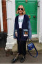 Women's Navy Blue Denim Pocket Cardigan with Kilim Pattern, Denim Sleeves, Oversize Buttoned, 100% Cotton Knit - 6