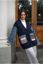 Women's Navy Blue Denim Pocket Cardigan with Kilim Pattern, Denim Sleeves, Oversize Buttoned, 100% Cotton Knit - 4