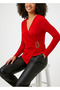 Women's Red V-Neck Gathered Buckle Long Sleeve Interlock Fabric Blouse - 3