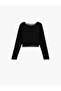 Long Sleeve Glittery Bow-Detail Tulle Crew Neck Cropped Blouse - 2