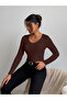 Women Brown Ribbed Knit Long Sleeve Top - 5