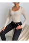 Women Beige Long Sleeve Ribbed Top - 2