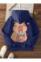 Women's Navy Blue Capybara Printed Hooded Hoodie Sweatshirt - 3