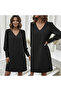 Women's Long Sleeve V-Neck Short Imported Crepe Dress - 3