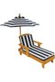 Outdoor Wooden Chaise Lounge with Umbrella and Cushion, Navy and White Striped Fabric
