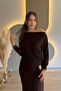 Kayık Yaka Slit Brown Midi Dress with Gold Accessories - 6