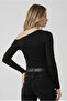 One Shoulder Open Women's Black Sandy Fabric Knitted Long Sleeve Blouse - 3