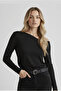 One Shoulder Open Women's Black Sandy Fabric Knitted Long Sleeve Blouse - 2