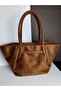 Women's Suede Oversized Lined Tote Shoulder Tan Bag - 3