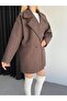 Women's Light Brown Herringbone Striped Cashmere Coat - 5