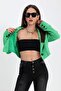 Women's Green Crop Blazer Jacket Buttoned Padded Lined Short Model Classic Suit Jacket - 4