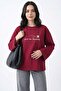 Bee Pattern Embroidered Oversized Claret Red Sweat - 8