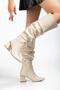 Syt-2002 Beige Wrinkled Patent Leather Bellows Thick Heeled Casual Boots - 4