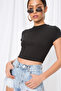 Women's Black Crew Neck Short Sleeve Corded Fabric Double Layer Crop Blouse