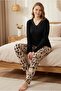 Long Sleeve Viscose Pajama Set Lace Detail Comfortable Casual Sleepwear Set - 3