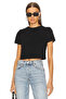 Women's Black Crew Neck Short Sleeve Double Layer Sandy Fabric Crop Blouse