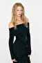 Brillante Women's Off-The-Shoulder Bottom Hem Double-Layered Mesh Detailed Drawstring Long Sleeve Black Dress - 5