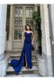 Women's Cobalt Glittery Fukuro Fabric Spaghetti Strap Evening Dress