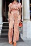 Women's Orange Patterned, Half Sleeve and Half Placket Shirt Collar, Elastic Waist, Loose Long Satin Jumpsuit - 6