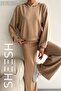 Soft Textured Modal Camel Top and Bottom Set Bottom Palazzo Sweatpants Trousers Top Crop Hoodie - 3