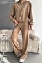 Soft Textured Modal Camel Top and Bottom Set Bottom Palazzo Sweatpants Trousers Top Crop Hoodie - 5