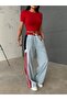 Front and Back Jeans Wide Leg Pants with Red Combed Details - 5