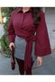 Women's Burgundy Spanish Sleeve Tie-Detail Waist Belted Shirt Pearl - 2