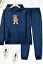 Unisex Navy Blue Nyc Teddy Bear Printed Tracksuit Hoodie - Winter Embossed Fabric