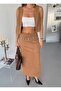Women's Camel Faux Suede Slit Flexible Long Skirt - 6