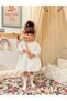 Off-white floral patterned lace fabric long-sleeved girl's dress with bow detail for baby girls. - 2