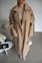 Beige Belted Sleeve Detailed Oversized (Bol) Lined Premium Long Cashmere Coat - 5