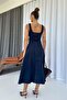 Square Neck Kilos Cut Denim Dress - Navy Blue - 4