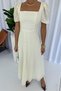 Balloon Sleeve Square Neck Embroidery Detail Dress - Beige - 5
