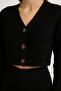 Women's Black Ribbed Knitted Fabric V-Neck Buttoned Crop Sweatshirt Loose Fit Casual Tracksuit Set - 2